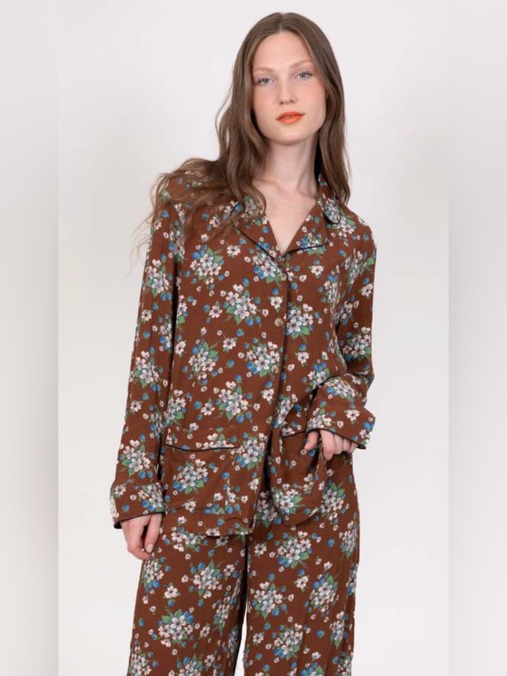 Batsheva Brown Lily Floral Pajama Set Size Small 2 Piece Ruffle Pants - Picture 2 of 13
